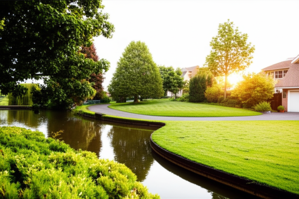 rendered image of a home with swales designed for water nearby